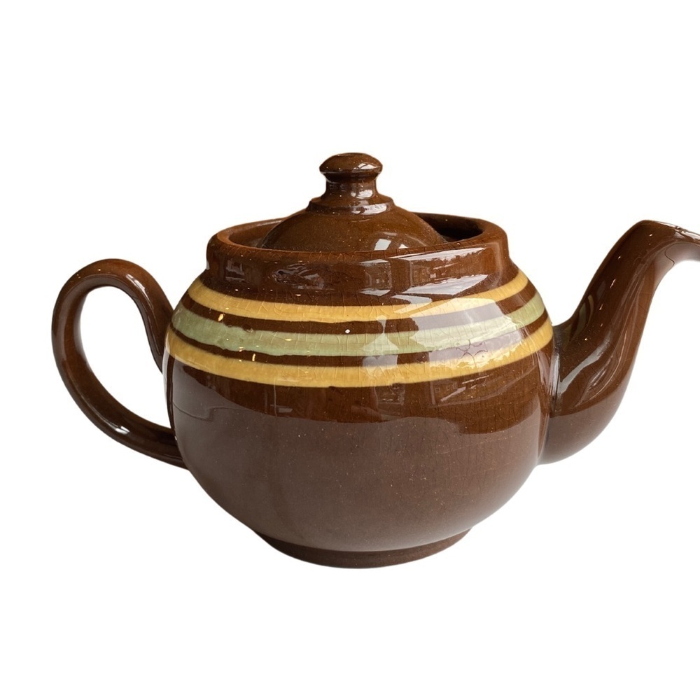 LB Made in England Vintage 4” Teapot & Lid - Brown with Yellow and Green Stripes